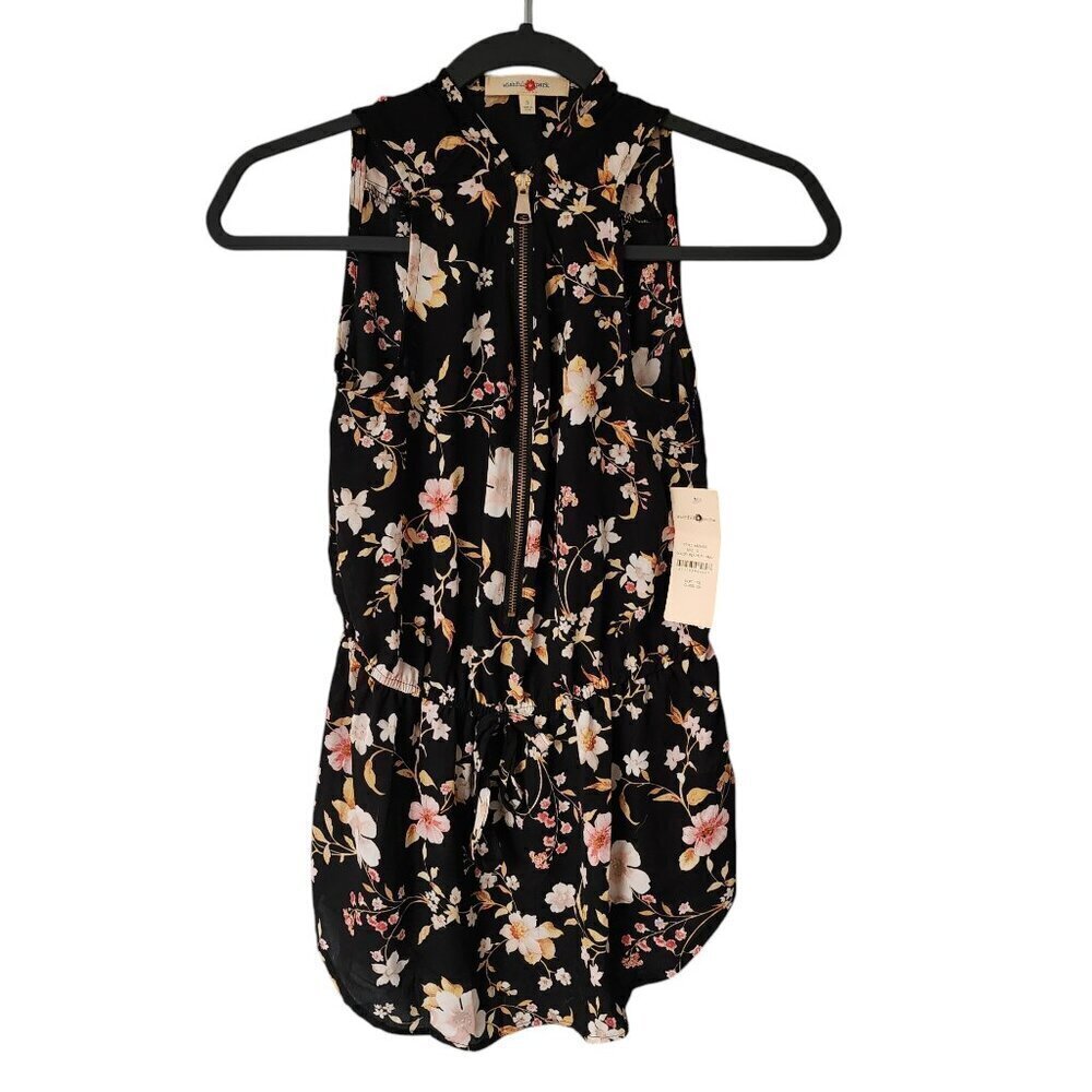 Wishful Park Womens Blouse Small Floral Zip-Front Sleeveless Black Floral